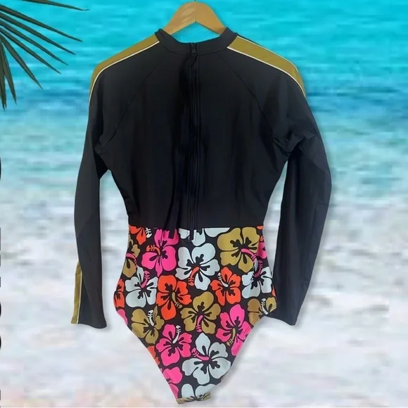 Rip Curl Hibiscus Heat  Long Sleeve Surfsuit Black Pink Orange Floral Size 2XL - Picture 5 of 12